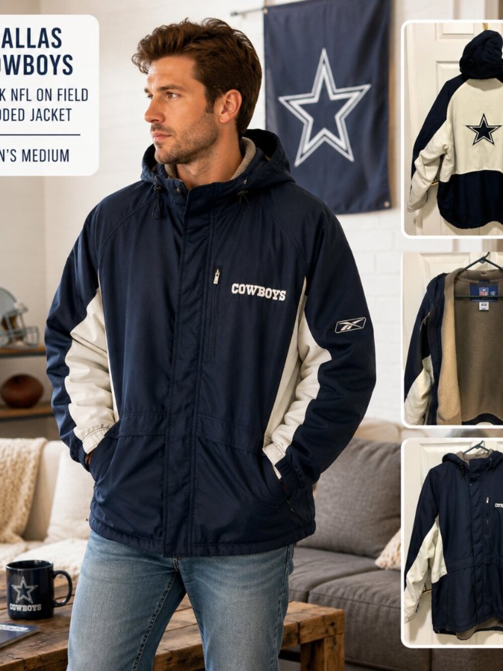 Reebok NFL On Field Dallas Cowboys Fleece Lined Hooded Jacket Men’s M